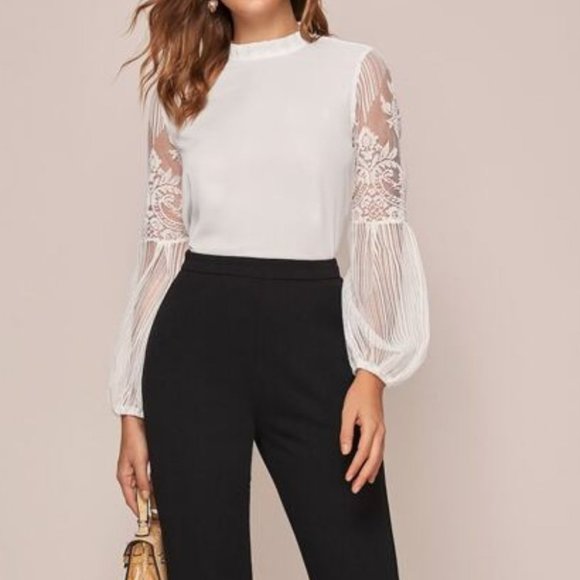 white sheer sleeve lace long sleeve Top Classic - Picture 5 of 10